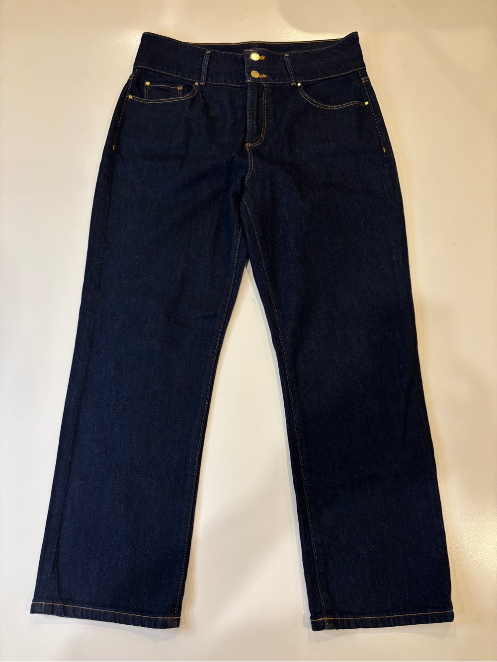 Women's Ann Taylor Wide waistband Dark Blue Denim Jeans Cropped Sz 8 Gold Detail